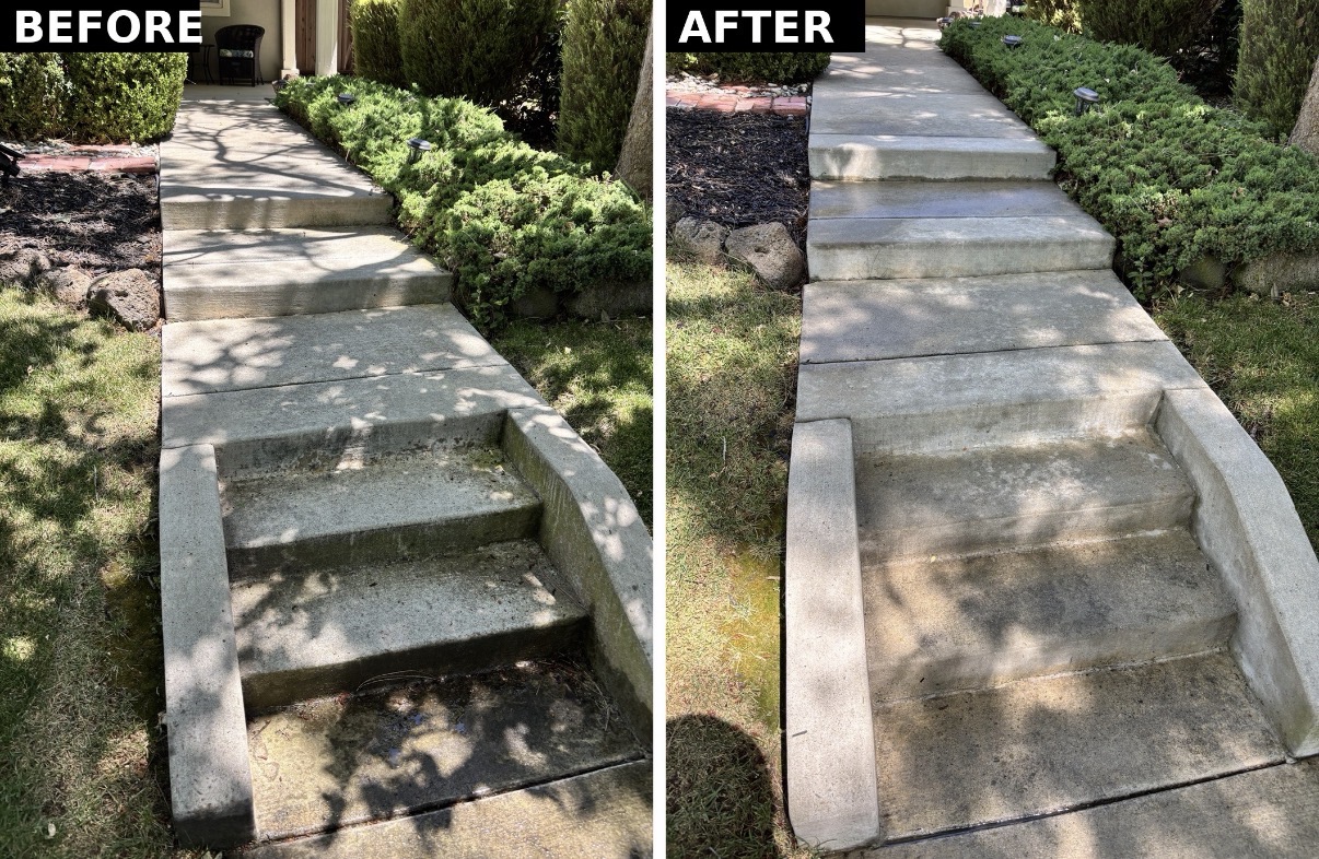 Front walkway and steps before and after power washing