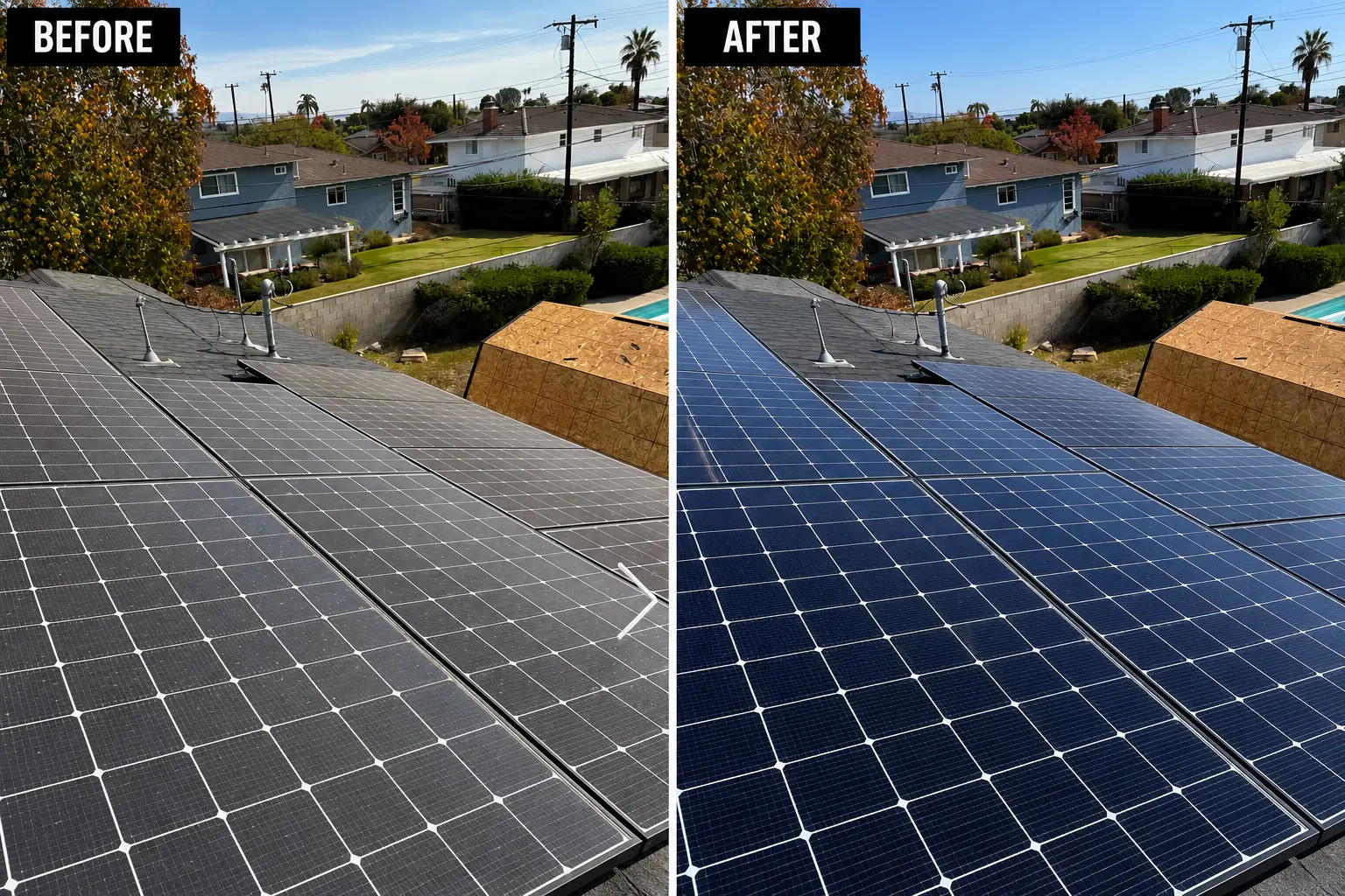 Rooftop solar panels before and after cleaning