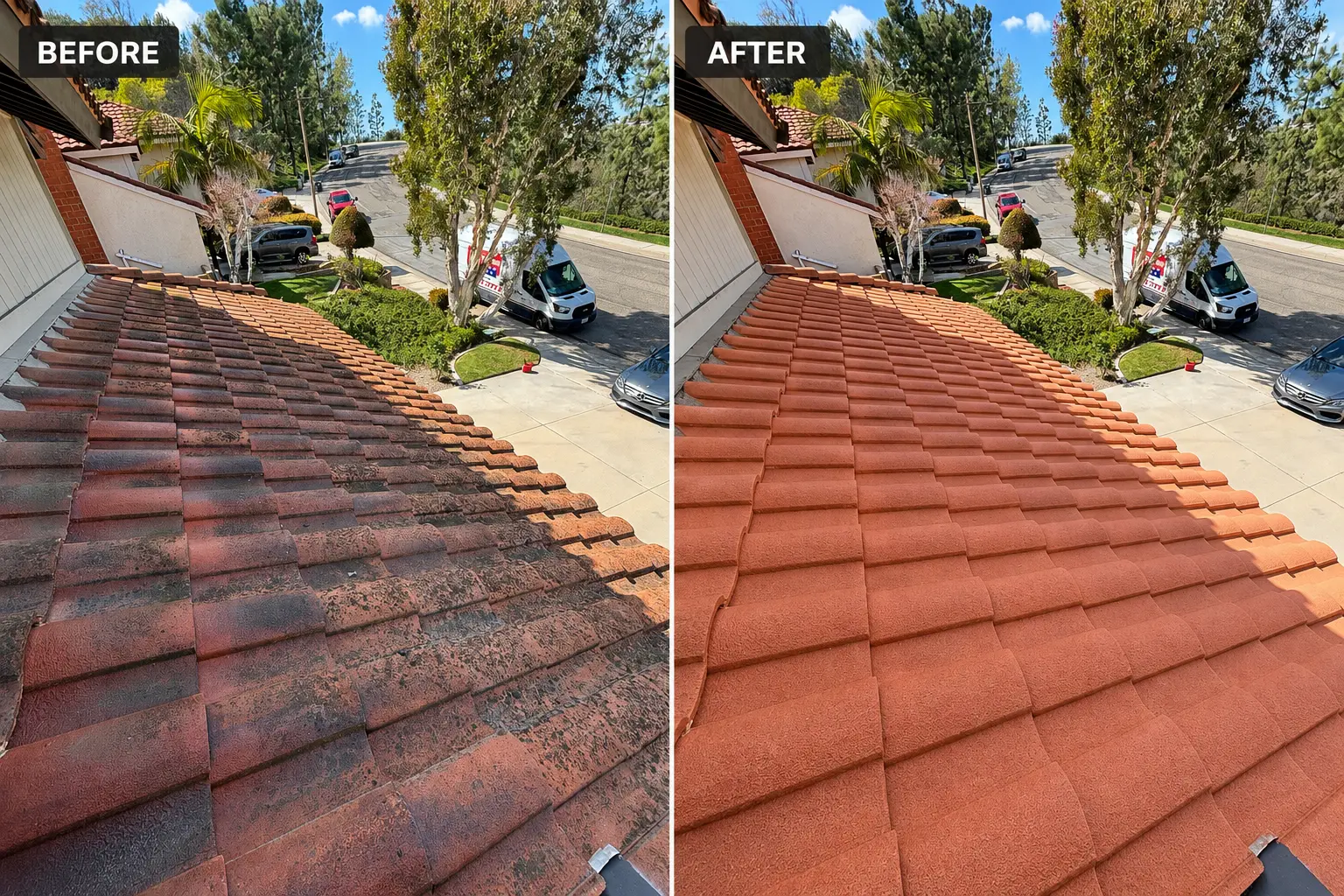 Tile roof before and after a soft wash